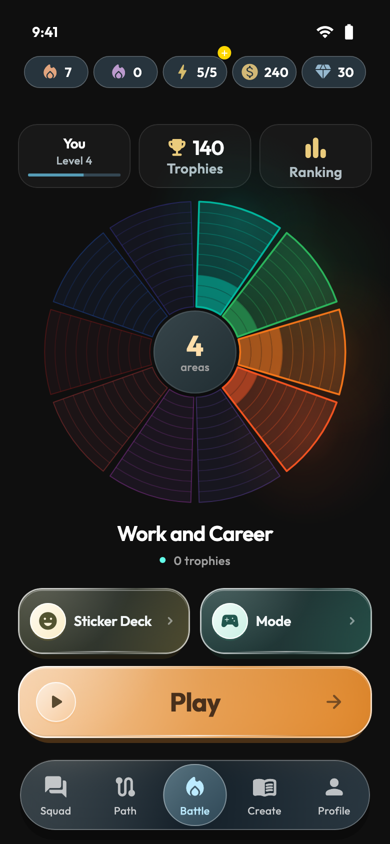 Battle — App screens with demonstration data