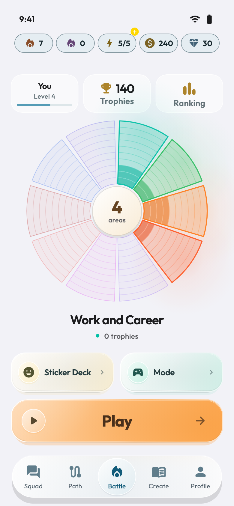 Battle — App screens with demonstration data