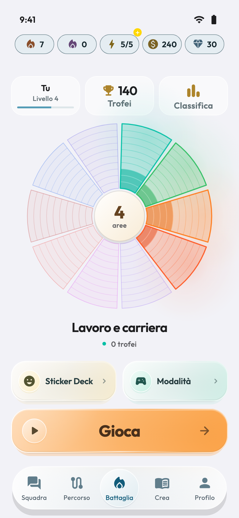 Battaglia — Schermate dell’app con dati dimostrativi