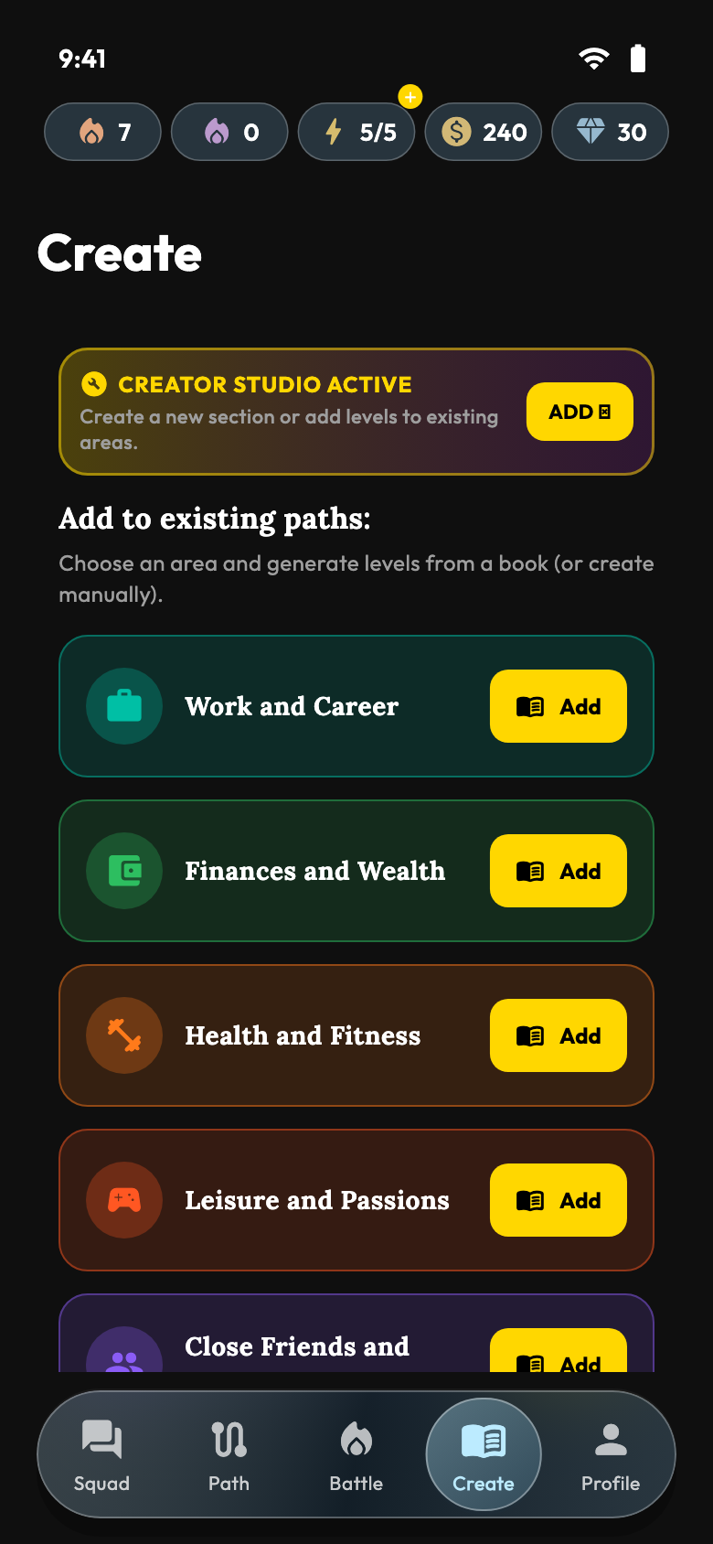 Create — App screens with demonstration data