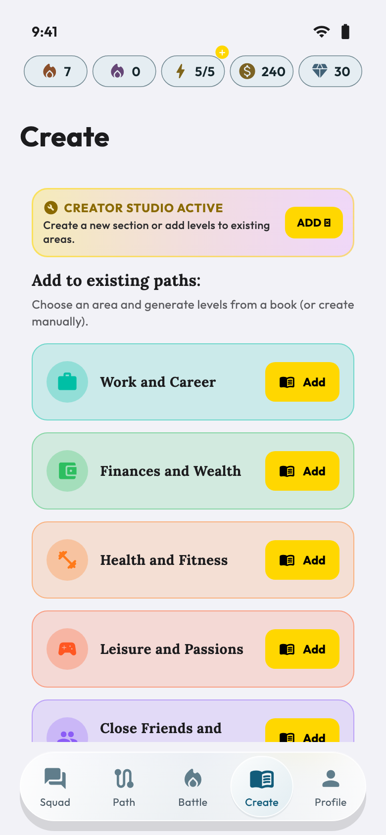 Create — App screens with demonstration data