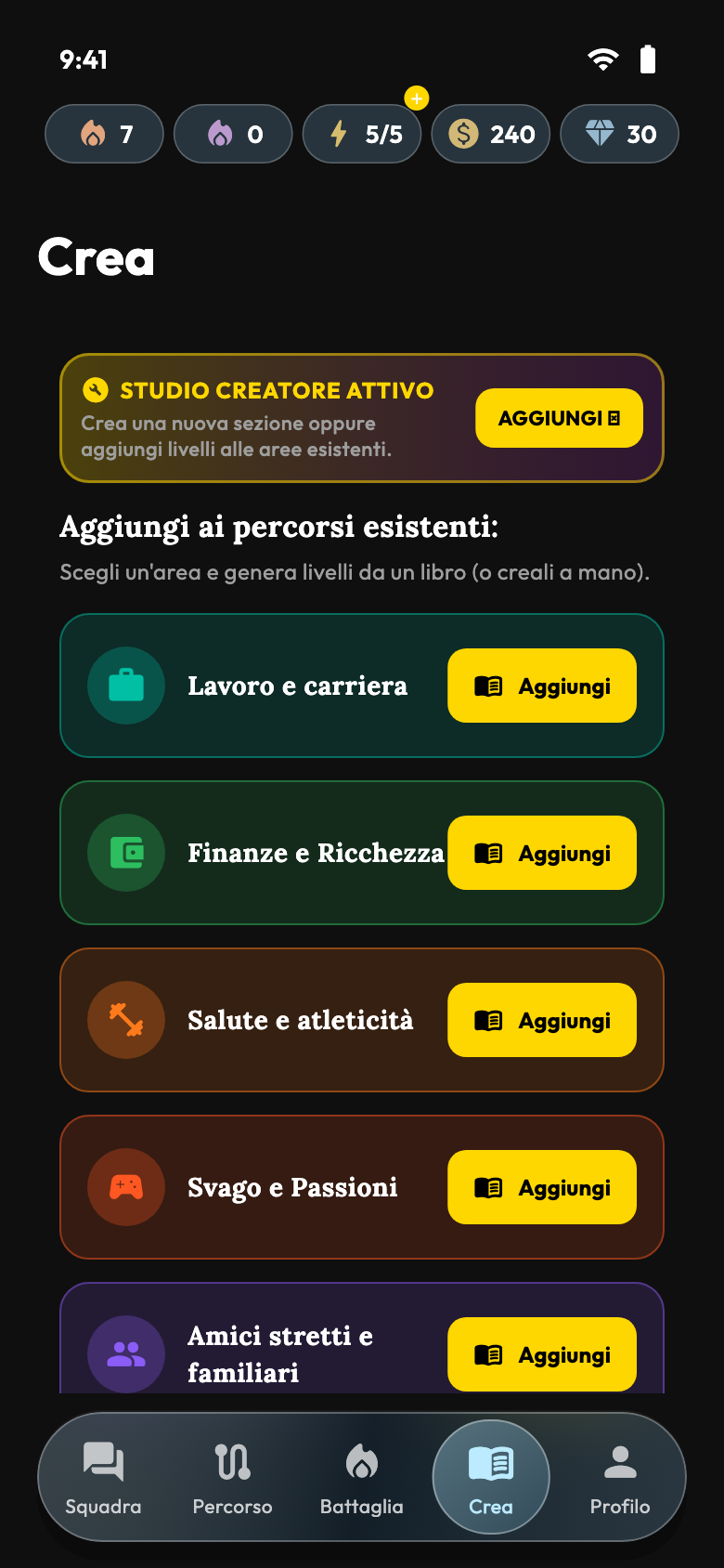Crea — Schermate dell’app con dati dimostrativi
