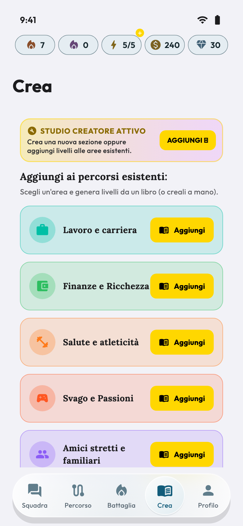 Crea — Schermate dell’app con dati dimostrativi