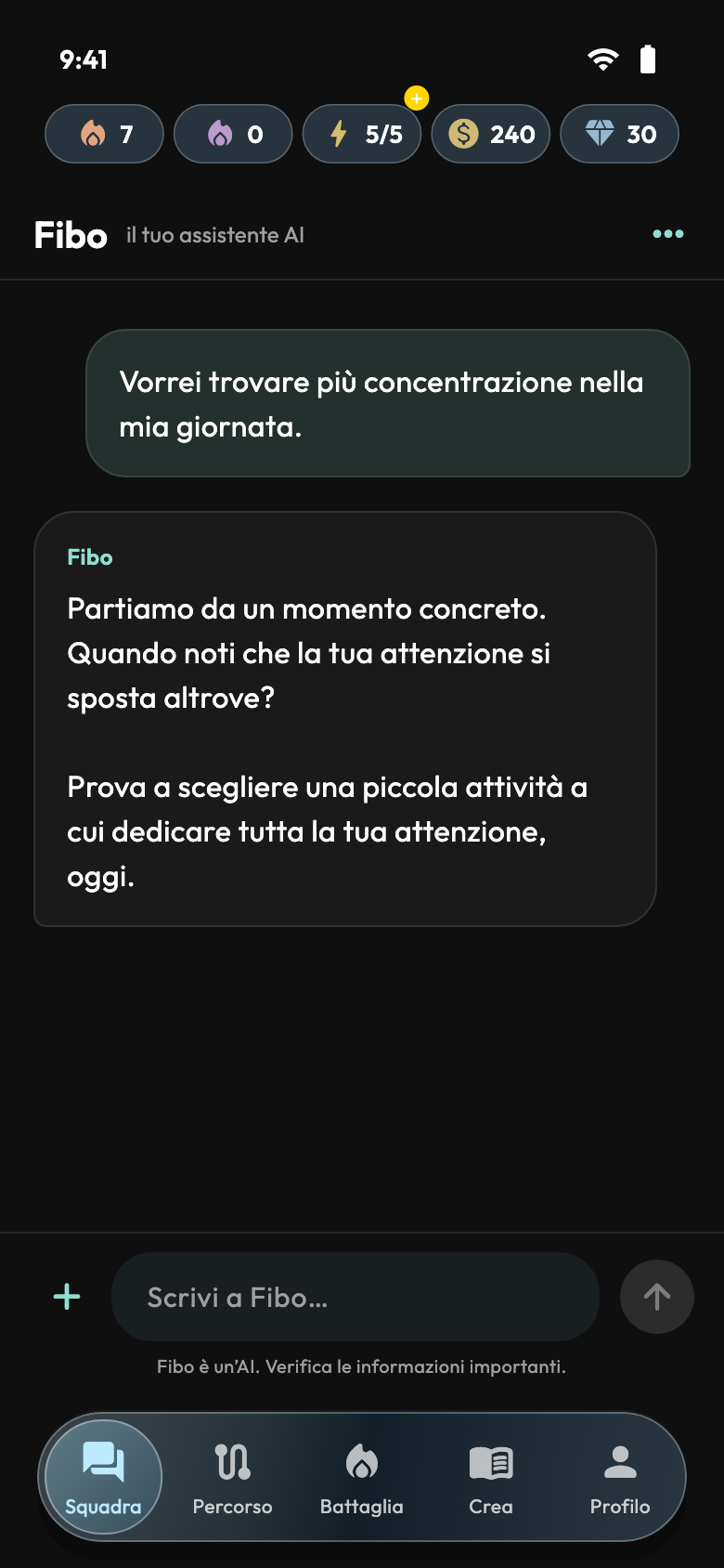 Fibo — Schermate dell’app con dati dimostrativi