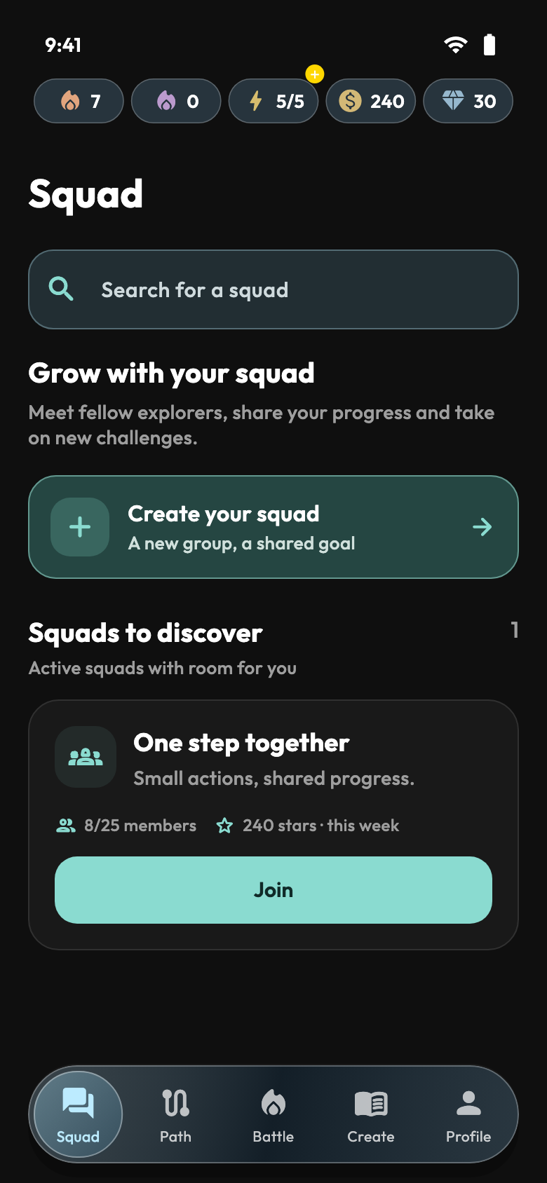 Squad — App screens with demonstration data