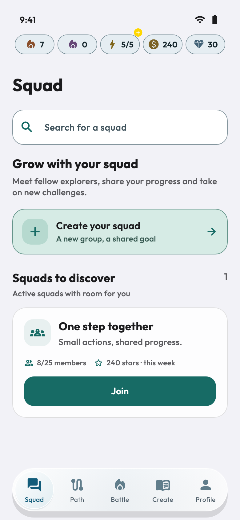 Squad — App screens with demonstration data
