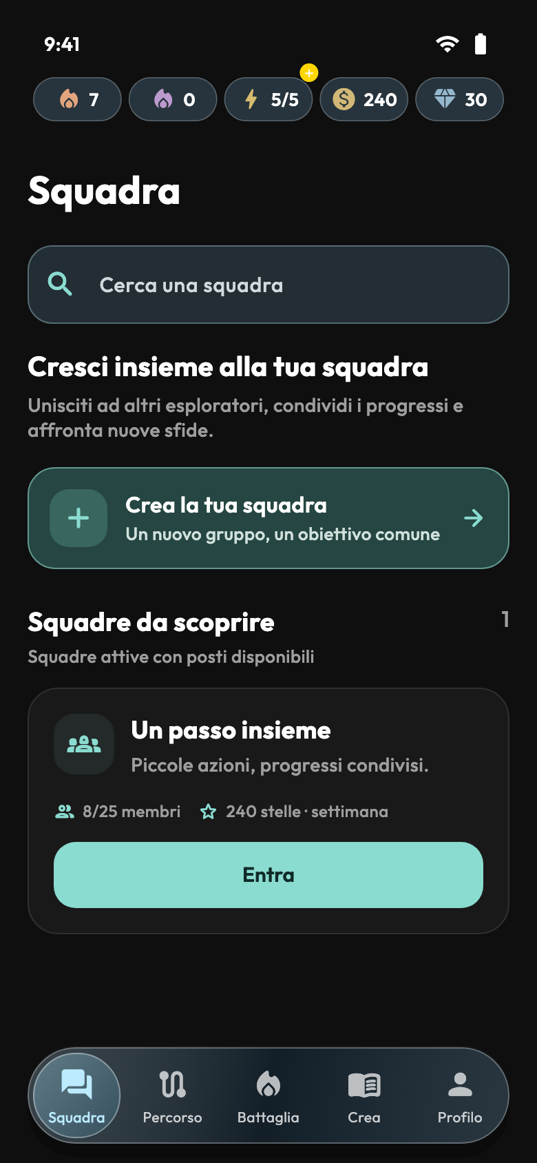 Squadra — Schermate dell’app con dati dimostrativi