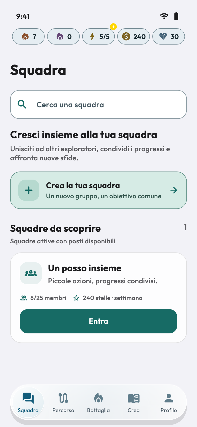 Squadra — Schermate dell’app con dati dimostrativi